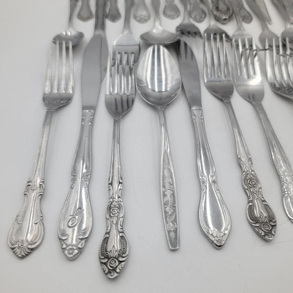 45pc Mixed Flatware Lot Ornate Floral Stainless Steel Silverware Forks Spoons